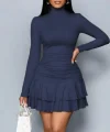 Kadın Uzun Kollu Balıkçı Yaka Mini Fırfırlı Sandy Elbise