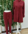 Kadın Uzun Kollu Balıkçı Yaka önden Düğmeli Bluz Ve Pantolon Yumoş Ikili Takım