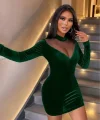 Kadın Uzun Kollu Balıkçı Yaka Tül Detaylı Mini Kadife Elbise