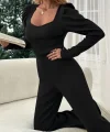 Kadın Uzun Kollu Balon Omuz Ve Kare Yaka Detay Bluz Ve Bol Baça Pantolon Ikili Takım