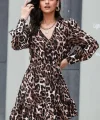 Kadın Uzun Kollu Beli astikli Etek Ucu Volanlı eopar Desen Krep Elbise