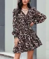 Kadın Uzun Kollu Beli astikli Etek Ucu Volanlı eopar Desen Krep Elbise