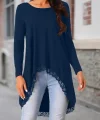 Kadın Uzun Kollu Bisiklet Yaka Asimetrik Kesim Detaylı Dantelli Viskon Bluz