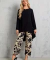 Kadın Uzun Kollu Bisiklet Yaka Asimetrik Kesim Detaylı Viskon Bluz Ve çiçek Desenli Iki Iplik Pantolon