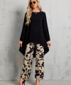 Kadın Uzun Kollu Bisiklet Yaka Asimetrik Kesim Detaylı Viskon Bluz Ve çiçek Desenli Iki Iplik Pantolon