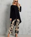 Kadın Uzun Kollu Bisiklet Yaka Asimetrik Kesim Detaylı Viskon Bluz Ve çiçek Desenli Iki Iplik Pantolon