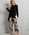 Kadın Uzun Kollu Bisiklet Yaka Asimetrik Kesim Detaylı Viskon Bluz Ve çiçek Desenli Iki Iplik Pantolon
