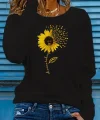 Kadın Uzun Kollu Bisiklet Yaka Ayçiçeği Desenli Viskon Bluz