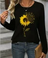 Kadın Uzun Kollu Bisiklet Yaka Ayçiçeği Desenli Viskon Bluz
