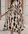 Kadın Uzun Kollu Bisiklet Yaka Belden Bağlamalı Desenli Belden Kuşaklı Mikro Süprem Midi Elbise