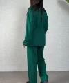 Kadın Uzun Kollu Bisiklet Yaka Belden Büzgülü Bağcıklı Viskon Iki Iplik Bluz Ve Pantolon Ikili Takım