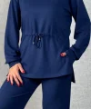 Kadın Uzun Kollu Bisiklet Yaka Belden Büzgülü Bağcıklı Viskon Iki Iplik Bluz Ve Pantolon Ikili Takım