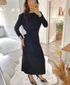 Kadın Uzun Kollu Bisiklet Yaka Belden çapraz Bağlamalı Yandan Yırtmaçlı Uzun Viskon Iki Iplik Elbise