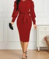 Kadın Uzun Kollu Bisiklet Yaka Beli Kuşaklı Ithal Krep Midi Elbise