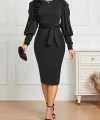 Kadın Uzun Kollu Bisiklet Yaka Beli Kuşaklı Ithal Krep Midi Elbise