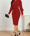 Kadın Uzun Kollu Bisiklet Yaka Beli Kuşaklı Ithal Krep Midi Elbise