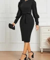 Kadın Uzun Kollu Bisiklet Yaka Beli Kuşaklı Ithal Krep Midi Elbise