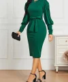 Kadın Uzun Kollu Bisiklet Yaka Beli Kuşaklı Ithal Krep Midi Elbise
