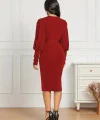 Kadın Uzun Kollu Bisiklet Yaka Beli Kuşaklı Ithal Krep Midi Elbise