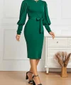Kadın Uzun Kollu Bisiklet Yaka Beli Kuşaklı Ithal Krep Midi Elbise