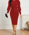 Kadın Uzun Kollu Bisiklet Yaka Beli Kuşaklı Ithal Krep Midi Elbise