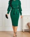 Kadın Uzun Kollu Bisiklet Yaka Beli Kuşaklı Ithal Krep Midi Elbise