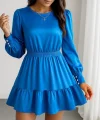 Kadın Uzun Kollu Bisiklet Yaka Beli Lastikli Fırfırlı Ithal Krep Elbise