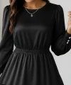 Kadın Uzun Kollu Bisiklet Yaka Beli Lastikli Fırfırlı Ithal Krep Elbise