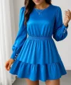 Kadın Uzun Kollu Bisiklet Yaka Beli Lastikli Fırfırlı Ithal Krep Elbise