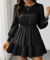 Kadın Uzun Kollu Bisiklet Yaka Beli Lastikli Fırfırlı Ithal Krep Elbise