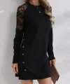 Kadın Uzun Kollu Bisiklet Yaka Dantel Detaylı Visk8n Iki Iplik Düğmeli Mini Elbise