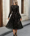 Kadın Uzun Kollu Bisiklet Yaka Dantelli Astarlı Midi Elbise
