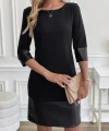 Kadın Uzun Kollu Bisiklet Yaka Deri Detaylı Ithal Krep Elbise