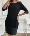 Kadın Uzun Kollu Bisiklet Yaka Deri Detaylı Ithal Krep Elbise