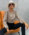 Kadın Uzun Kollu Bisiklet Yaka Desenli Bluz