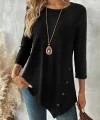 Kadın Uzun Kollu Bisiklet Yaka Etek Ucu Asimetrik Kesim Düğme Detaylı Viskon Bluz