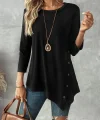 Kadın Uzun Kollu Bisiklet Yaka Etek Ucu Asimetrik Kesim Düğme Detaylı Viskon Bluz