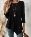 Kadın Uzun Kollu Bisiklet Yaka Etek Ucu Asimetrik Kesim Düğme Detaylı Viskon Bluz
