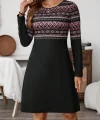 Kadın Uzun Kollu Bisiklet Yaka Etnik Desenli Kısa şardonlu Dalgıç Elbise