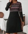 Kadın Uzun Kollu Bisiklet Yaka Etnik Desenli Kısa şardonlu Dalgıç Elbise