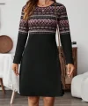 Kadın Uzun Kollu Bisiklet Yaka Etnik Desenli Kısa şardonlu Dalgıç Elbise