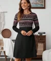 Kadın Uzun Kollu Bisiklet Yaka Etnik Desenli Kısa şardonlu Dalgıç Elbise