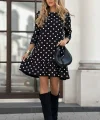 Kadın Uzun Kollu Bisiklet Yaka Fırfırlı Puantiyeli Kısa Modal Elbise