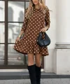 Kadın Uzun Kollu Bisiklet Yaka Fırfırlı Puantiyeli Kısa Modal Elbise