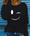 Kadın Uzun Kollu Bisiklet Yaka Gülen Yüz Desenli Viskon Bluz