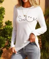 Kadın Uzun Kollu Bisiklet Yaka Gülümseyen Surat Desenli Viskon Bluz
