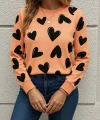 Kadın Uzun Kollu Bisiklet Yaka Kalp Desenli Iki Iplik Bluz