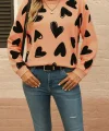 Kadın Uzun Kollu Bisiklet Yaka Kalp Desenli Iki Iplik Bluz