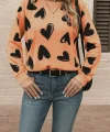 Kadın Uzun Kollu Bisiklet Yaka Kalp Desenli Iki Iplik Bluz