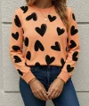 Kadın Uzun Kollu Bisiklet Yaka Kalp Desenli Iki Iplik Bluz